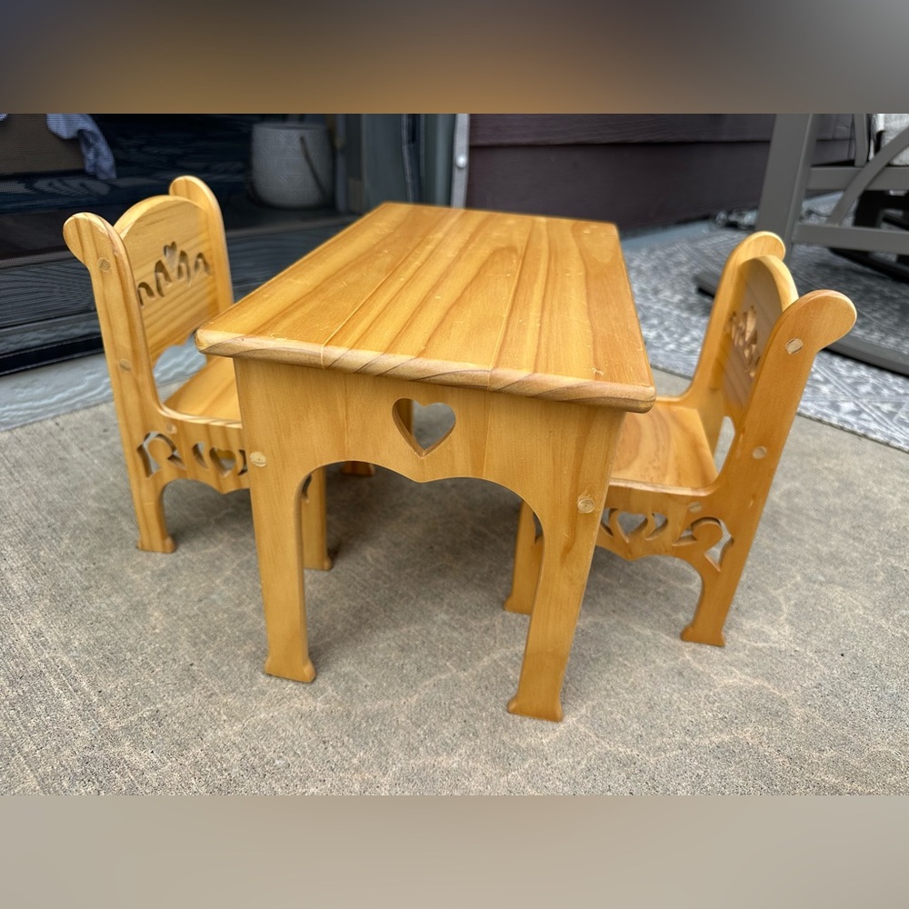 Vintage Wooden Doll Table (1) & Chairs (2) Furniture Set